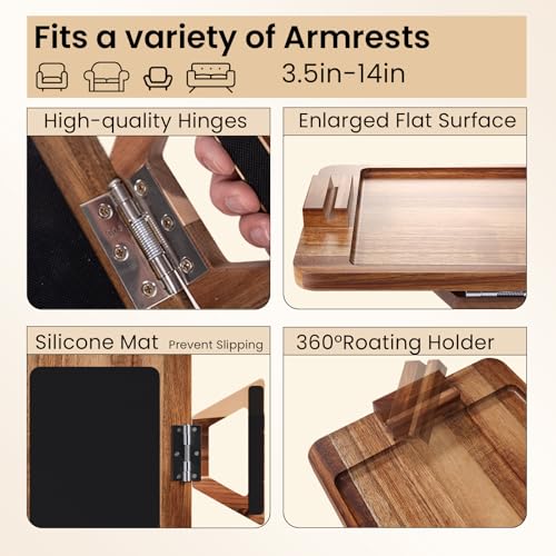 Danfoxer Acacia Wood Couch Arm Tray with 360°Phone Holder,Folding Sofa Armrest Tray,Couch Arm Table Clip-On Couch Desk for Drinks,Snacks,Phone,Remote Control - Image 5