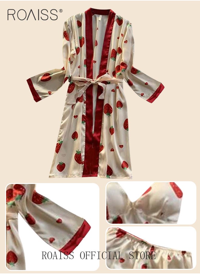 roaiss Women 4 Piece Home Wear Set Comfortable Fabric Soft Pyjama Set Skin Friendly Lace Elements Sleepwear Suit Fashionable Printing Pattern Loungewear  - Image 4