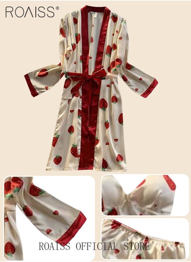 roaiss Women 4 Piece Home Wear Set Comfortable Fabric Soft Pyjama Set Skin Friendly Lace Elements Sleepwear Suit Fashionable Printing Pattern Loungewear  - Image 5