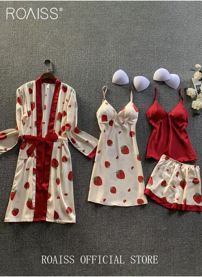 roaiss Women 4 Piece Home Wear Set Comfortable Fabric Soft Pyjama Set Skin Friendly Lace Elements Sleepwear Suit Fashionable Printing Pattern Loungewear  - Image 1