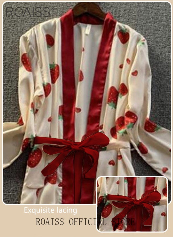 roaiss Women's 4 Piece Pyjama Set Comfortable Fabric Soft Home Wear Set Ladies Skin Friendly Lace Elements Sleepwear Suit Fashionable Strawberry Printing Pattern Loungewear Beige and Red - Image 2