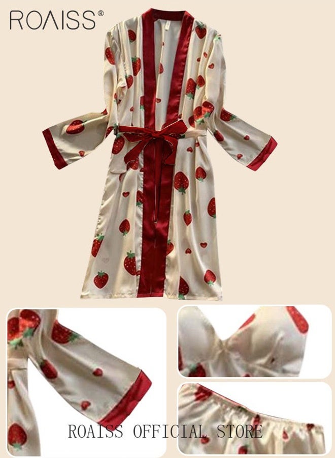 roaiss Women's 4 Piece Pyjama Set Comfortable Fabric Soft Home Wear Set Ladies Skin Friendly Lace Elements Sleepwear Suit Fashionable Strawberry Printing Pattern Loungewear Beige and Red - Image 4