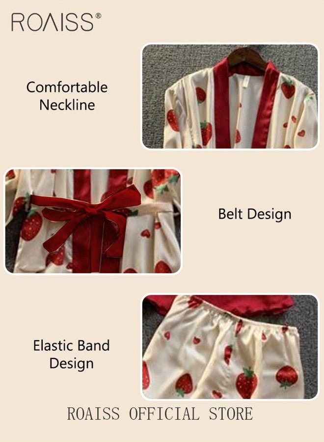 roaiss Women's 4 Piece Pyjama Set Comfortable Fabric Soft Home Wear Set Ladies Skin Friendly Lace Elements Sleepwear Suit Fashionable Strawberry Printing Pattern Loungewear Beige and Red - Image 5