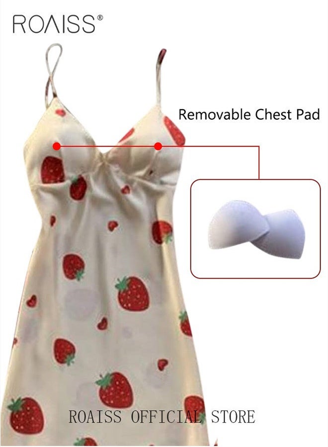 roaiss Women's 4 Piece Pyjama Set Comfortable Fabric Soft Home Wear Set Ladies Skin Friendly Lace Elements Sleepwear Suit Fashionable Strawberry Printing Pattern Loungewear Beige and Red - Image 3