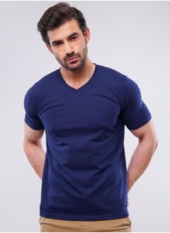 MENDEEZ Mendeez Cotton V-Neck T-Shirt for Men Solid Navy Blue Short Sleeve.  - Image 1