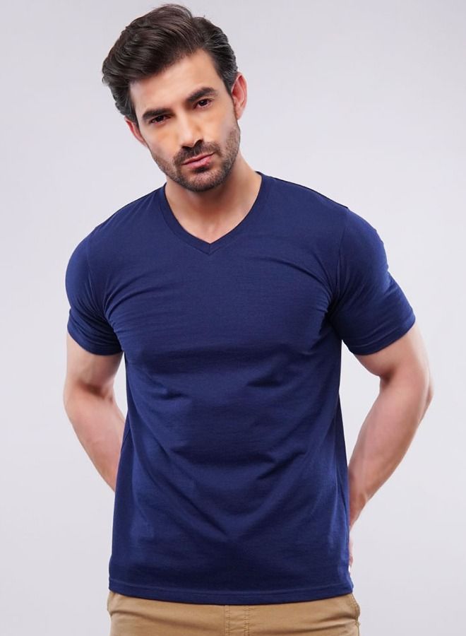 MENDEEZ Mendeez Cotton V-Neck T-Shirt for Men Solid Navy Blue Short Sleeve.  - Image 1