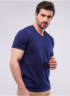 MENDEEZ Mendeez Cotton V-Neck T-Shirt for Men Solid Navy Blue Short Sleeve.  - Image 2