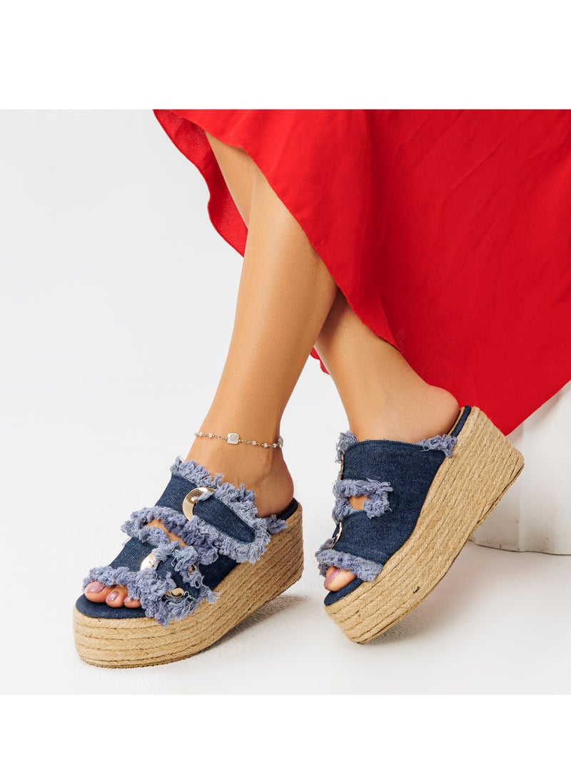 LIFESTYLISH Slipper Wedge Fabric S-23 - Dark Blue 