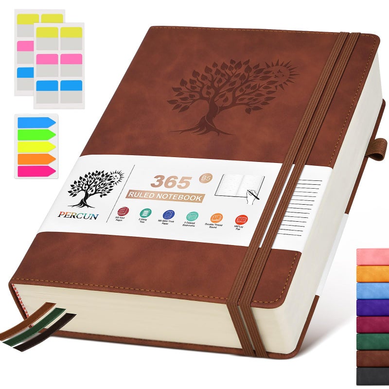 PERCUN B5 Lined Journal Notebook - 365 Page Large Leather Journals for Writing Women Menï¼ŒHardcover Notebook with 100Gsm Thick Pagesï¼ŒDaily Diary for Travel, Workï¼ŒSchoolï¼ŒCollege Ruled (7.6" x 10.3") - Image 1