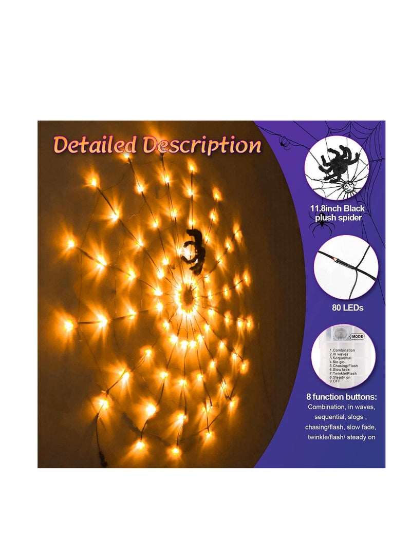 CityRiya-Long Halloween Decorations Lights, Indoor Outdoor Halloween Decorations, 3.28FT 70 LED Spider Web Light with Black Spider 8Mode, for Wall Window Door Yard Patio Halloween Party Decor (Warm) - Image 2