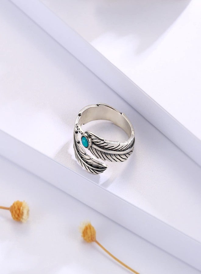 MANBU Sterling Silver Turquoise Feather Ring Earrings Women Men Feather Adjustable Ring Vintage Style Western Jewelry Gifts (ring) - Image 3