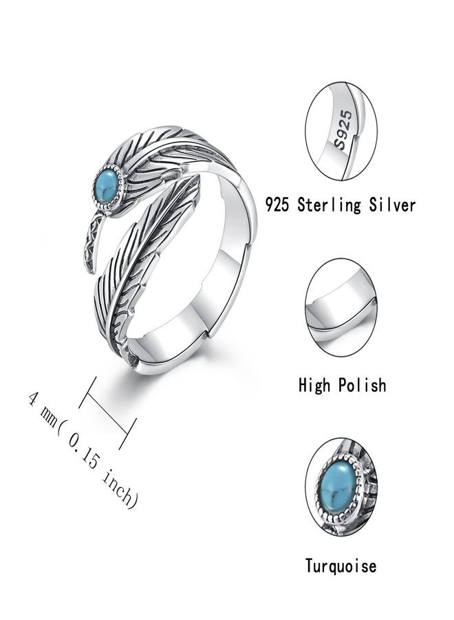 MANBU Sterling Silver Turquoise Feather Ring Earrings Women Men Feather Adjustable Ring Vintage Style Western Jewelry Gifts (ring) - Image 5