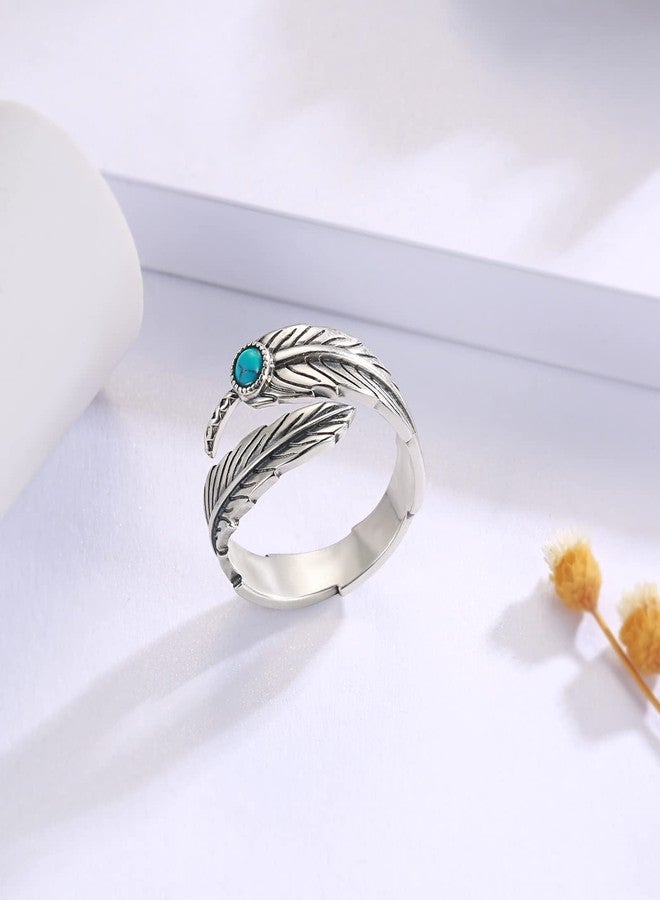 MANBU Sterling Silver Turquoise Feather Ring Earrings Women Men Feather Adjustable Ring Vintage Style Western Jewelry Gifts (ring) - Image 4