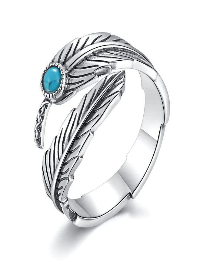 MANBU Sterling Silver Turquoise Feather Ring Earrings Women Men Feather Adjustable Ring Vintage Style Western Jewelry Gifts (ring) - Image 1
