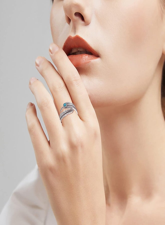 MANBU Sterling Silver Turquoise Feather Ring Earrings Women Men Feather Adjustable Ring Vintage Style Western Jewelry Gifts (ring) - Image 2