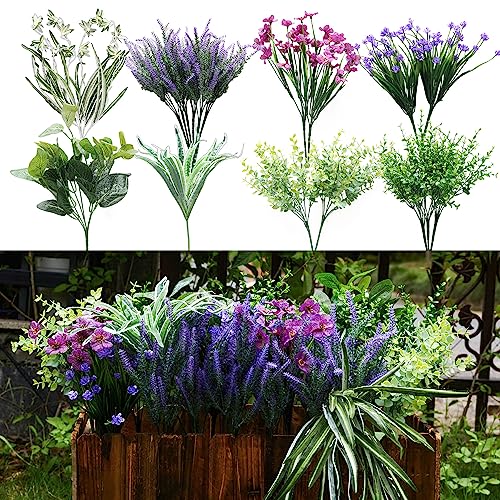 Partyjoy PARTY JOY 19 Bunches Fake Plants Outdoor, Fake Bushes UV Resistant Artificial Lavender Flowers Greenery Shrubs Faux Greenery for Outdoor Garden Patio Front Porch Yard Decor - Image 1