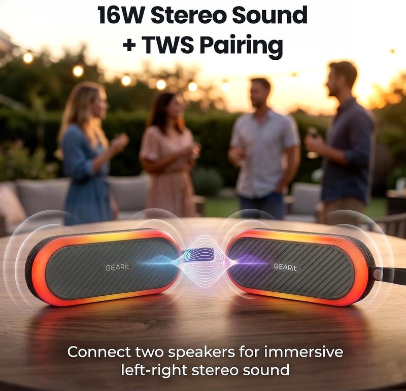 GearIT SoundBrick Bluetooth Speaker, 16W Stereo Sound, Magnetic Base, IPX6 Water-Resistant, RGB Lighting, TWS Pairing, Bluetooth 5.3, for Outdoors, Black - Image 3