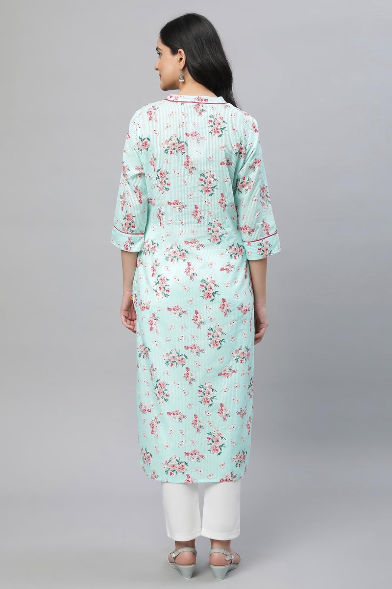 Aurelia Green Floral Printed Printed Cotton Straight Long Kurta for Women - Image 4