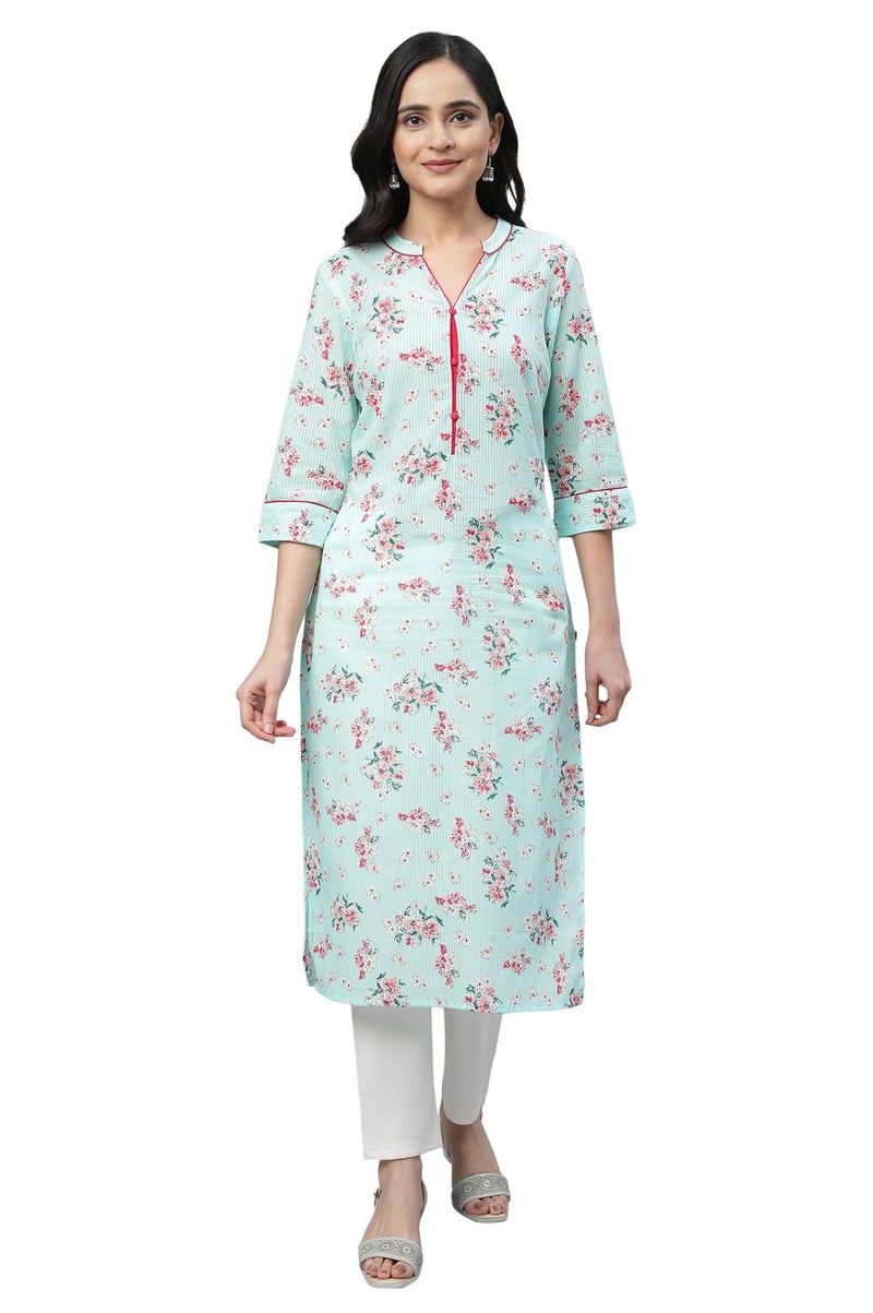 Aurelia Green Floral Printed Printed Cotton Straight Long Kurta for Women - Image 1