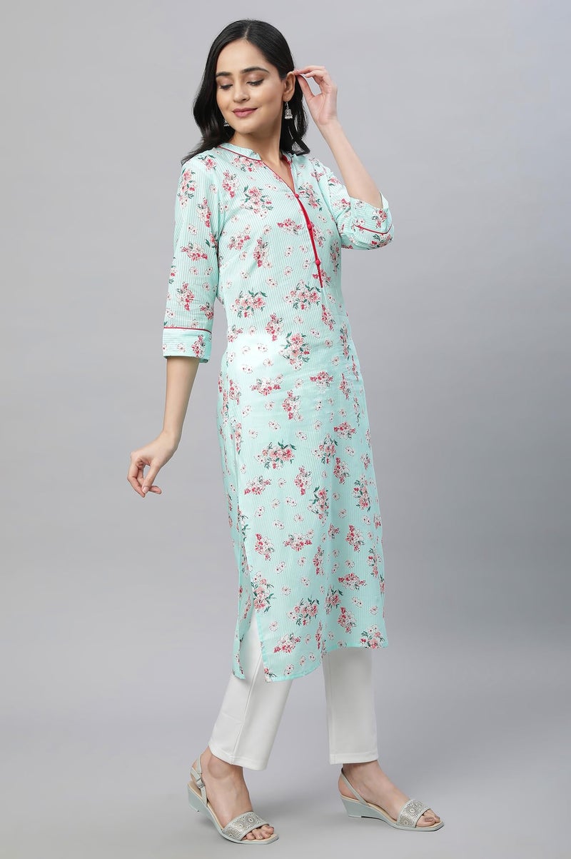 Aurelia Green Floral Printed Printed Cotton Straight Long Kurta for Women - Image 3