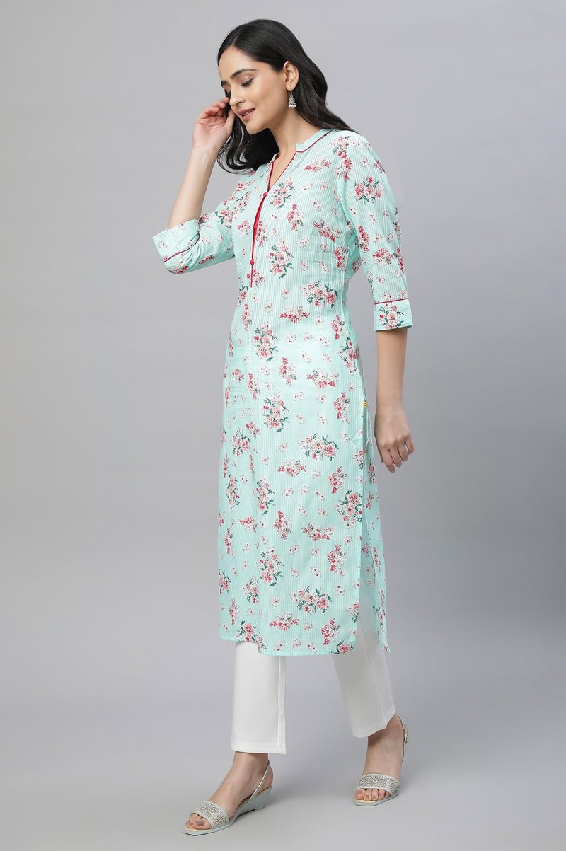 Aurelia Green Floral Printed Printed Cotton Straight Long Kurta for Women - Image 2