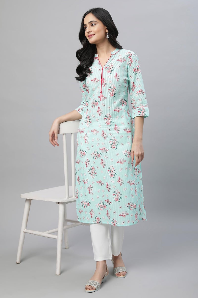 Aurelia Green Floral Printed Printed Cotton Straight Long Kurta for Women - Image 5