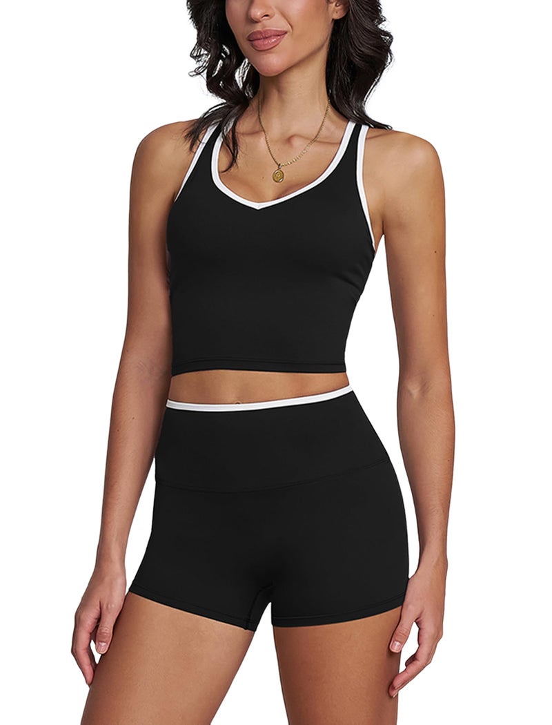 ABOCIW Workout Sets for Women Color Block V Neck Racerback Tank Top Built in Bra High Waist Shorts Gym Set 2 Piece Yoga Pilates Outfits Athletic Work Out Clothes Black Medium - Image 1