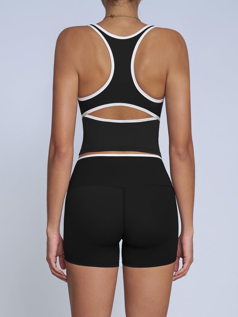 ABOCIW Workout Sets for Women Color Block V Neck Racerback Tank Top Built in Bra High Waist Shorts Gym Set 2 Piece Yoga Pilates Outfits Athletic Work Out Clothes Black Medium - Image 2