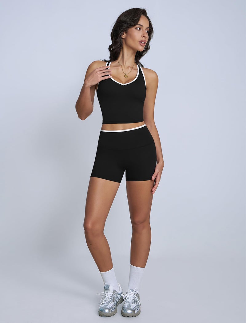 ABOCIW Workout Sets for Women Color Block V Neck Racerback Tank Top Built in Bra High Waist Shorts Gym Set 2 Piece Yoga Pilates Outfits Athletic Work Out Clothes Black Medium - Image 4