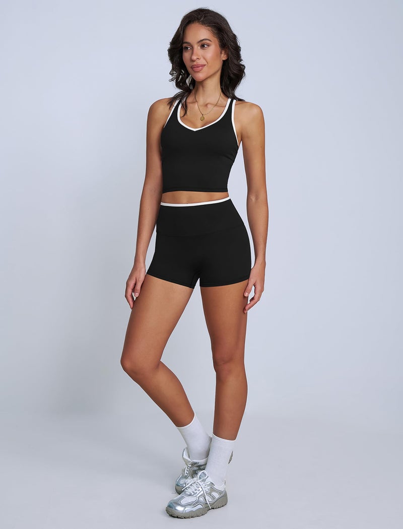 ABOCIW Workout Sets for Women Color Block V Neck Racerback Tank Top Built in Bra High Waist Shorts Gym Set 2 Piece Yoga Pilates Outfits Athletic Work Out Clothes Black Medium - Image 5