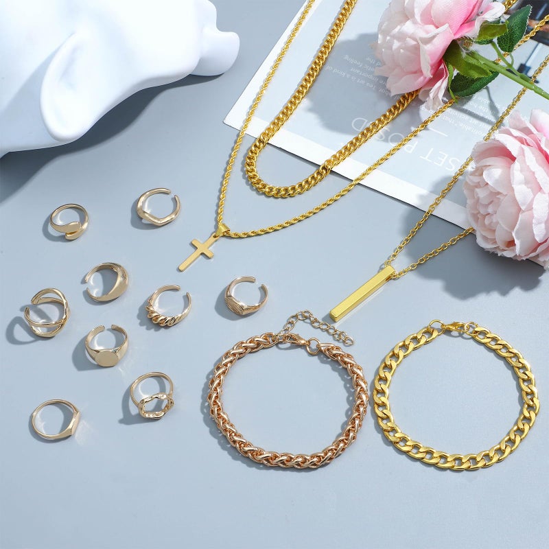 NEWITIN 15 Pieces Gold Jewelry Set for Men Stainless Steel Cuban Link Necklace Bracelet Cross Pendant Necklace Vintage Ring Cuban Jewelry Set for Men Women - Image 4