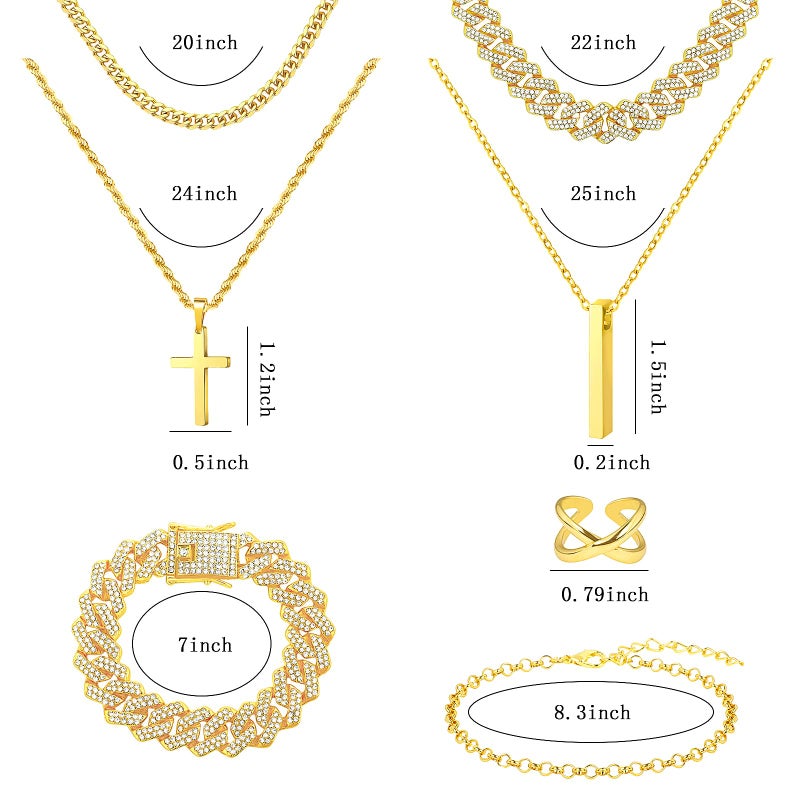 NEWITIN 15 Pieces Gold Jewelry Set for Men Stainless Steel Cuban Link Necklace Bracelet Cross Pendant Necklace Vintage Ring Cuban Jewelry Set for Men Women - Image 2