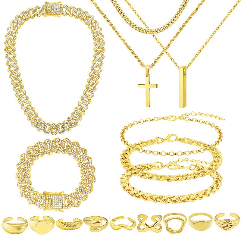NEWITIN 15 Pieces Gold Jewelry Set for Men Stainless Steel Cuban Link Necklace Bracelet Cross Pendant Necklace Vintage Ring Cuban Jewelry Set for Men Women - Image 1