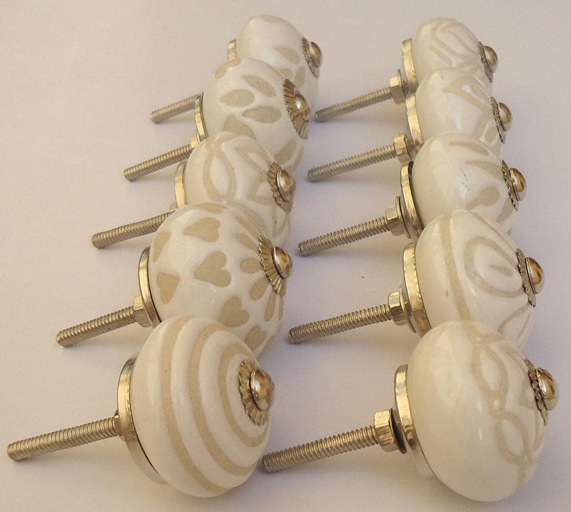 SHRIYAM CRAFT Door Knobs Hand Printed Ceramic Knobs and Pulls Handle Handmade Silver Finish 12 White Mix Knob Pack of 12 - Image 1