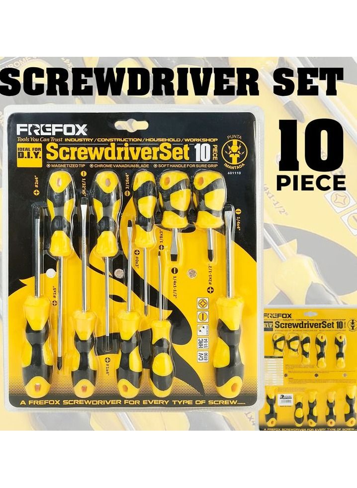 FREFOX 10 Pcs Screwdriver set, Frefox Screwdriver Set Magnet Tip CrV And HRC Steel, 5xStar Type, 5x Minus Type Screwdriver - Image 1
