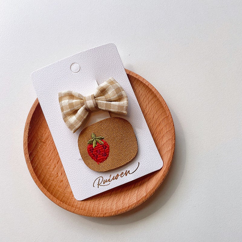 Loquat Sweet Apricot Bow Hair Clip for Kids Strawberry + Plaid bow tie