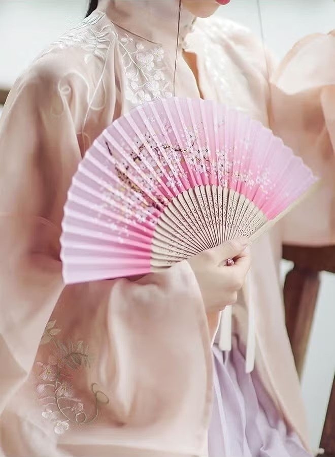 JS Floral Folding Hand Fans, Chinese Style Bamboo Folding Fan, Handheld Fabric Folding Fan with Tassel Vintage Pattern, Hand Fan Hollowed Bamboo Hand Holding Fan, Plum Blossom - Image 3