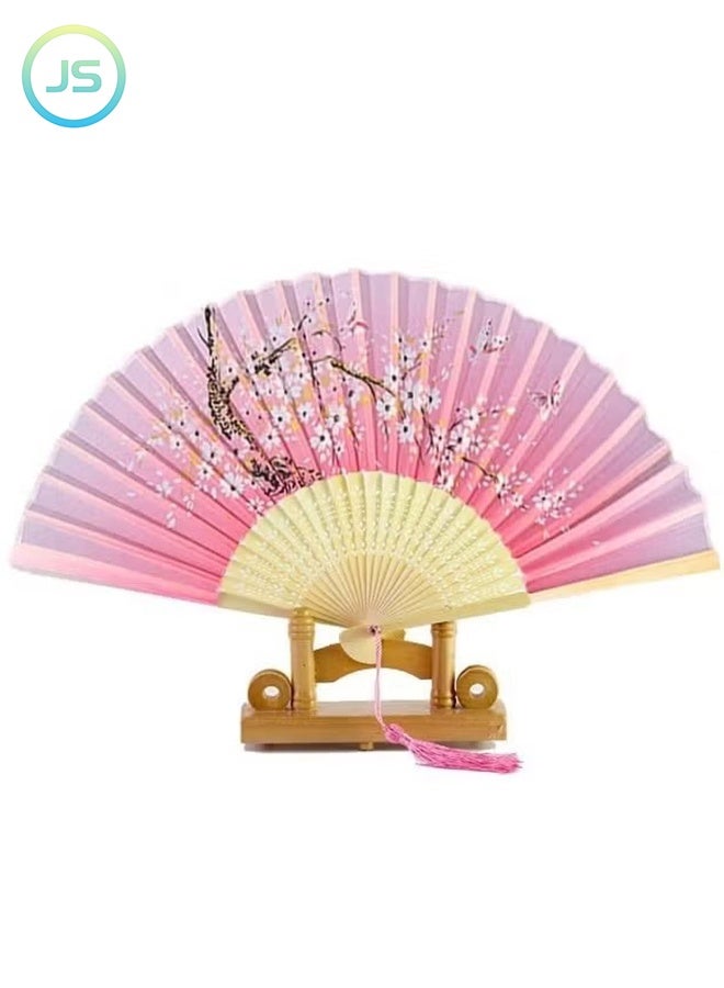 JS Floral Folding Hand Fans, Chinese Style Bamboo Folding Fan, Handheld Fabric Folding Fan with Tassel Vintage Pattern, Hand Fan Hollowed Bamboo Hand Holding Fan, Plum Blossom - Image 1