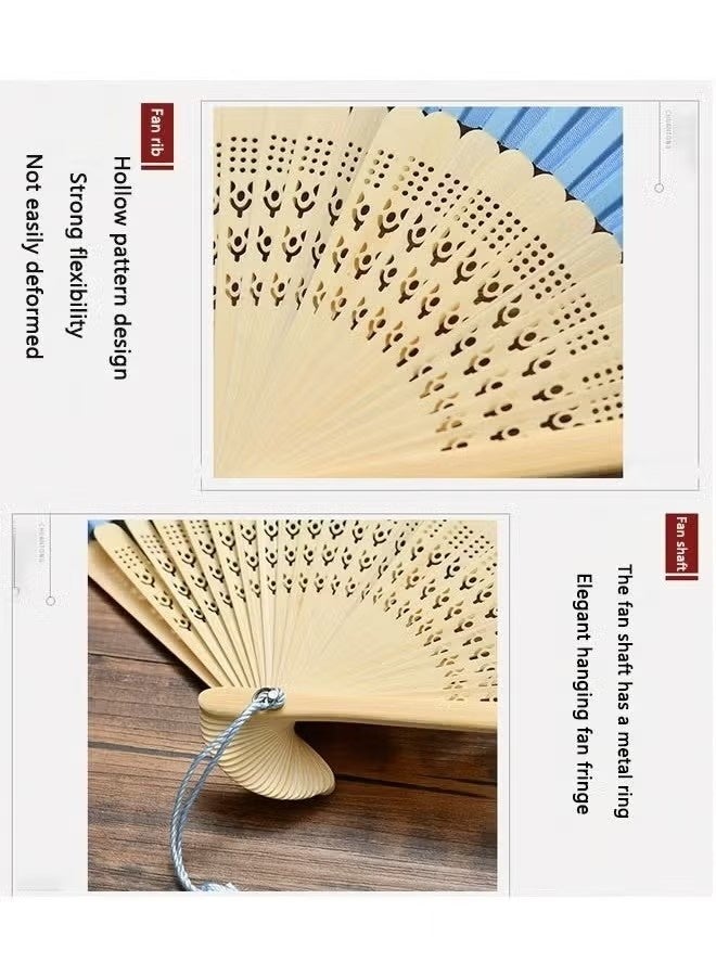 JS Floral Folding Hand Fans, Chinese Style Bamboo Folding Fan, Handheld Fabric Folding Fan with Tassel Vintage Pattern, Hand Fan Hollowed Bamboo Hand Holding Fan, Plum Blossom - Image 2
