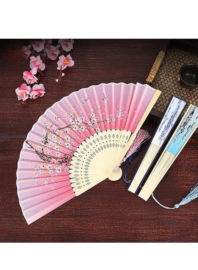 JS Floral Folding Hand Fans, Chinese Style Bamboo Folding Fan, Handheld Fabric Folding Fan with Tassel Vintage Pattern, Hand Fan Hollowed Bamboo Hand Holding Fan, Plum Blossom - Image 4