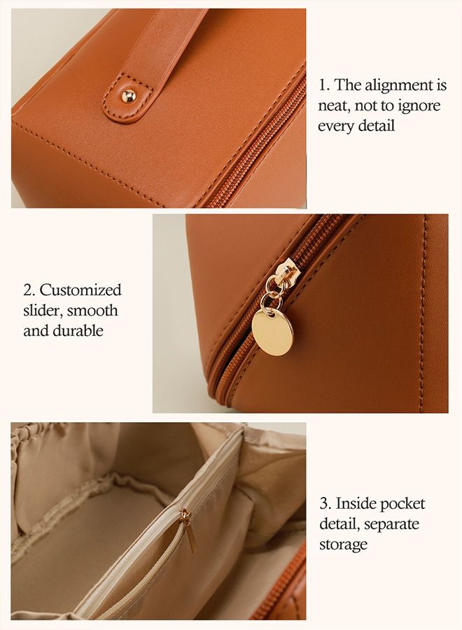 HomarKet Large-Capacity Travel Cosmetic Bag Portable Makeup Case Travel Wash Bag Waterproof Leather Makeup Bag Everyday Use Multifunction Toiletries Organizer Storage Bag (Brown) - Image 5