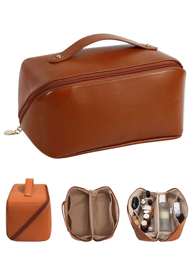 HomarKet Large-Capacity Travel Cosmetic Bag Portable Makeup Case Travel Wash Bag Waterproof Leather Makeup Bag Everyday Use Multifunction Toiletries Organizer Storage Bag (Brown) - Image 1