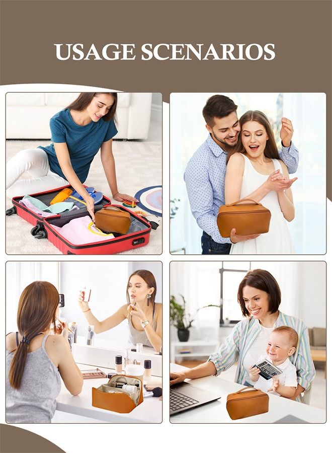 HomarKet Large-Capacity Travel Cosmetic Bag Portable Makeup Case Travel Wash Bag Waterproof Leather Makeup Bag Everyday Use Multifunction Toiletries Organizer Storage Bag (Brown) - Image 3