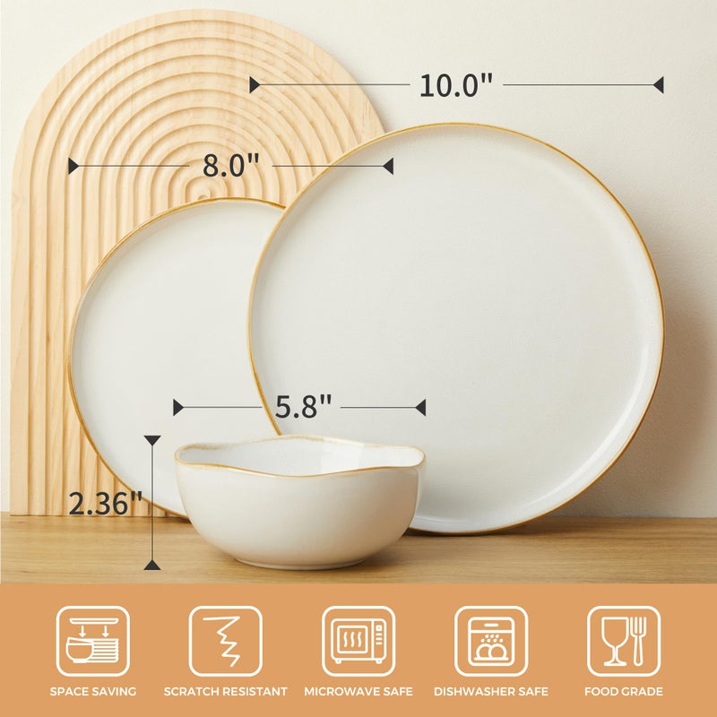 Pokini Dinnerware Set for 4, Ceramic Dish Set, Plate and Bowl Set, Microwave & Dishwasher Safe Dishware Set, Chip & Scratch Resistant Dinner Sets, Irregular Edge Design, White - Image 2