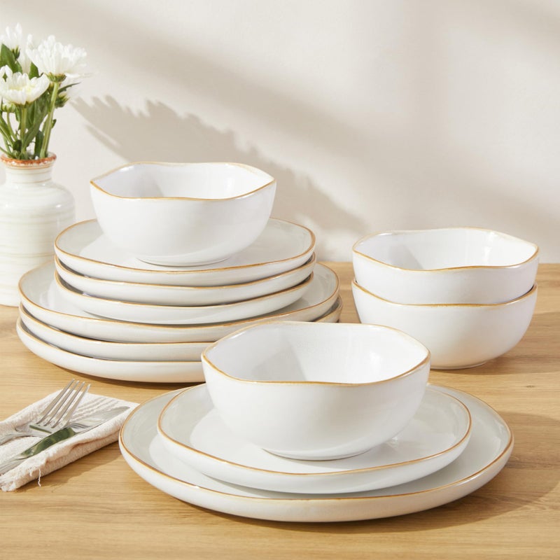 Pokini Dinnerware Set for 4, Ceramic Dish Set, Plate and Bowl Set, Microwave & Dishwasher Safe Dishware Set, Chip & Scratch Resistant Dinner Sets, Irregular Edge Design, White - Image 5