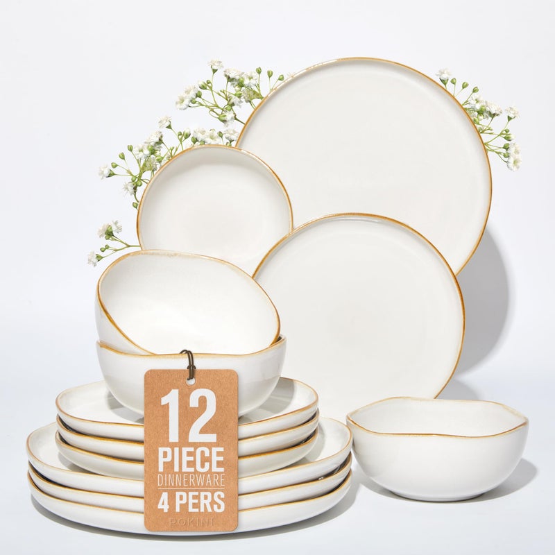 Pokini Dinnerware Set for 4, Ceramic Dish Set, Plate and Bowl Set, Microwave & Dishwasher Safe Dishware Set, Chip & Scratch Resistant Dinner Sets, Irregular Edge Design, White - Image 1