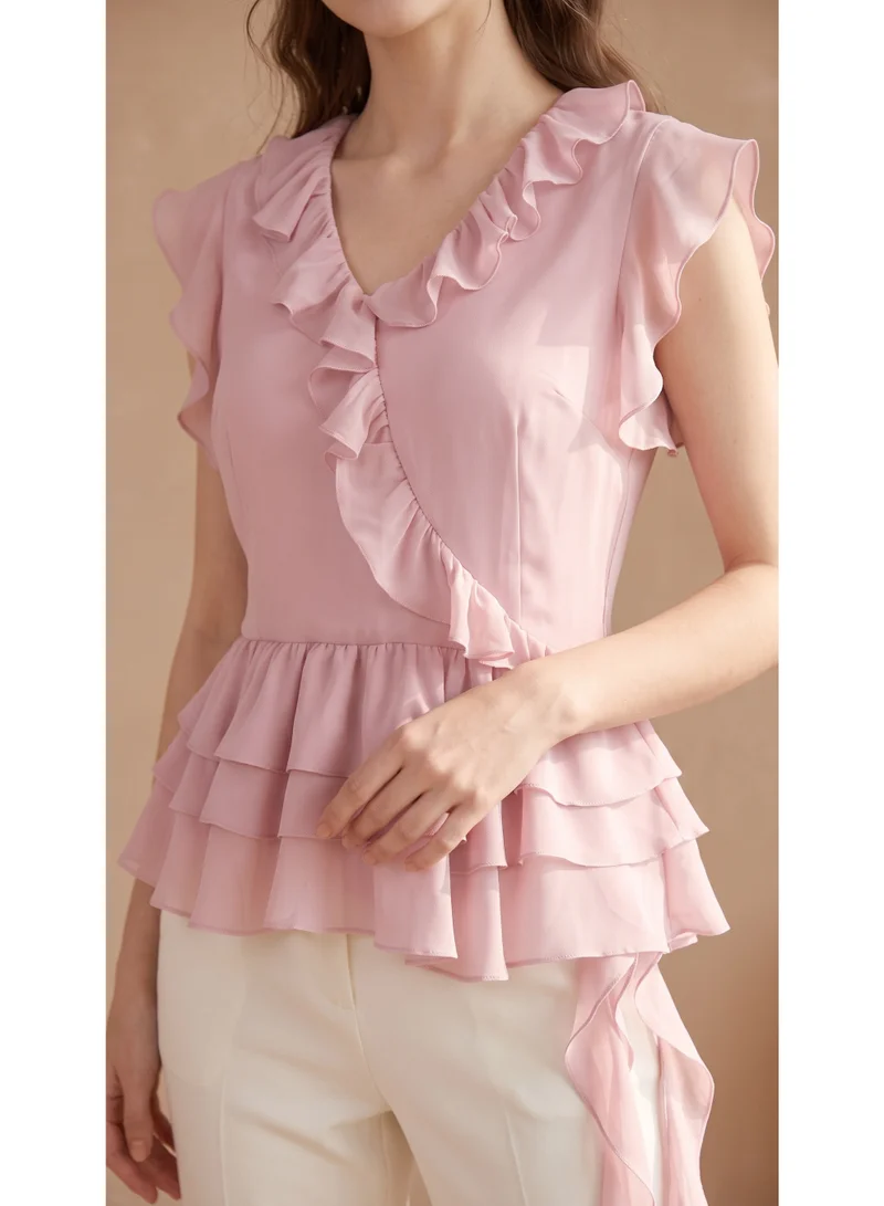 2Trendy Women's Ruffle Blouse with V-Neck, Tiered Peplum and Asymmetric Hem - Pink