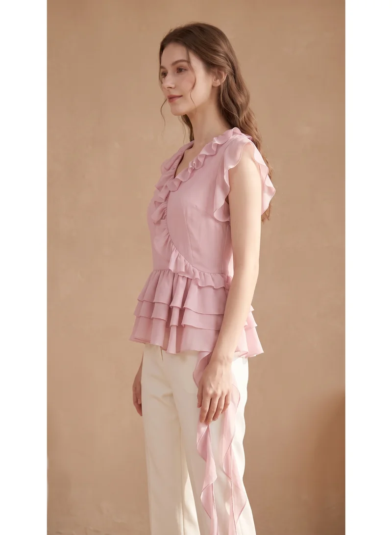 2Trendy Women's Ruffle Blouse with V-Neck, Tiered Peplum and Asymmetric Hem - Pink