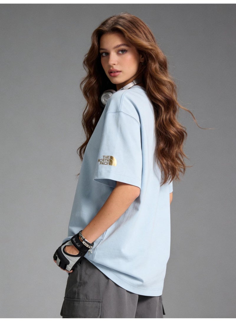 THE NORTH FACE Men's and women's T-shirts with the same style in the north face, high-grade cotton loose short sleeves with golden logo, retro street clothes for men and women. - Image 4