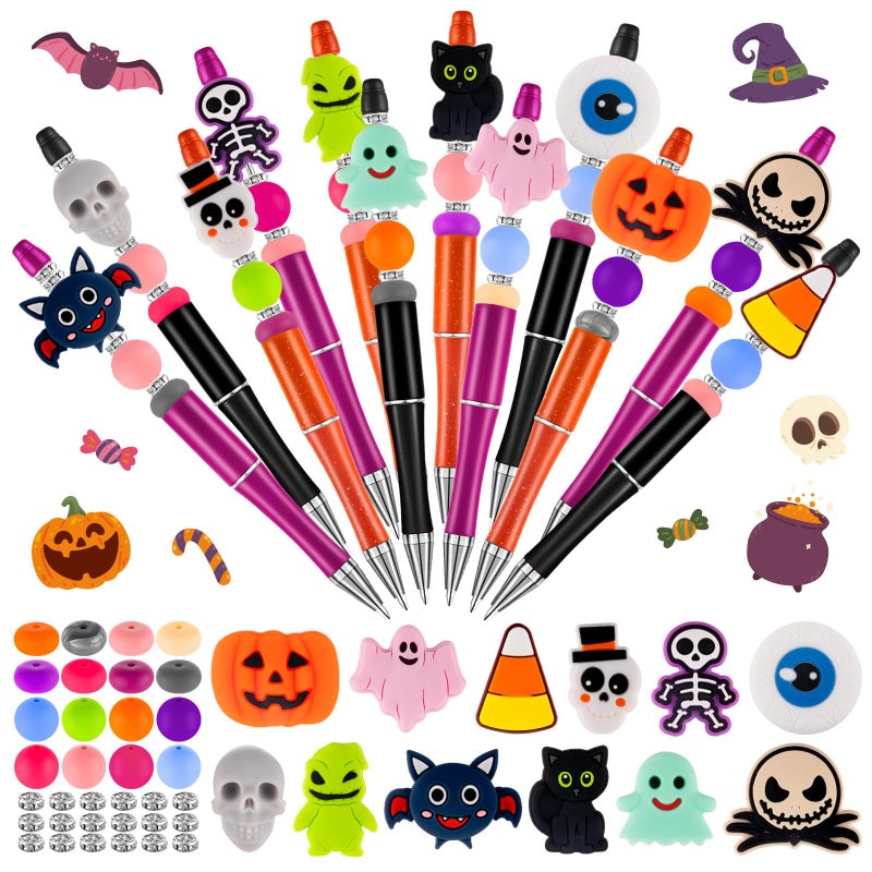 FFNIU Halloween Beadable Pens Plastic Bead Pens with 12 Pcs Silicone Beads Pumpkin Bat Skull Pen for Halloween Gifts School Office Supplies - Image 2